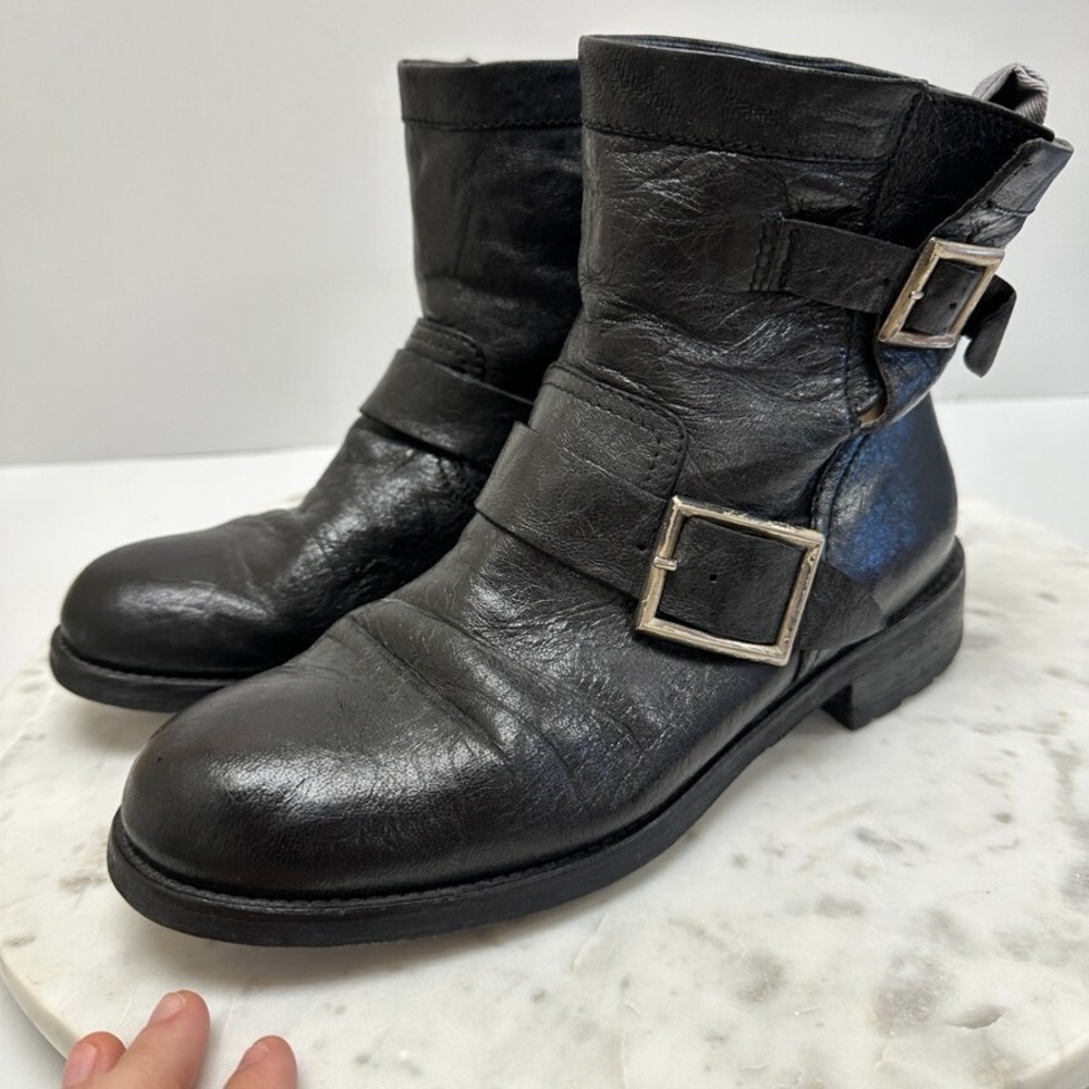 Jimmy‎ Choo Biker Boot Womens 39 9 Black Leather Ankle Buckles Pull On Moto Edgy - Picture 4 of 14